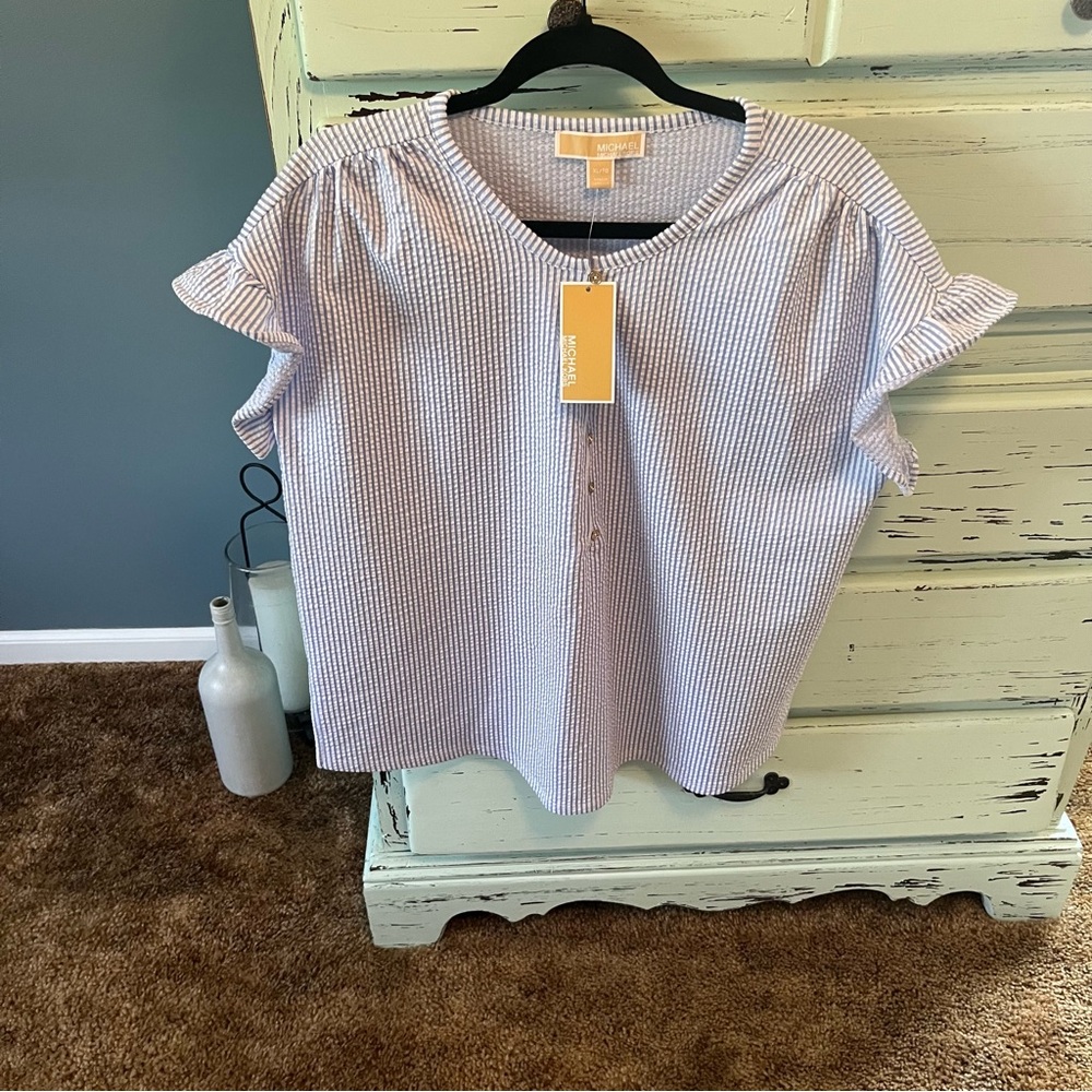 Michael Kors Blue and White Striped Blouse. Seer sucker, size XL, NWT.